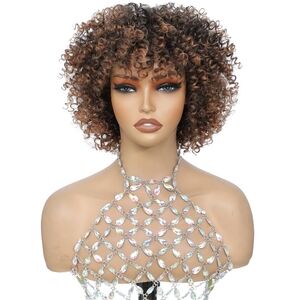 Ombre Brown Highlight Short Curly Wig with Bangs 3C Curls Glueless Ready to Wear